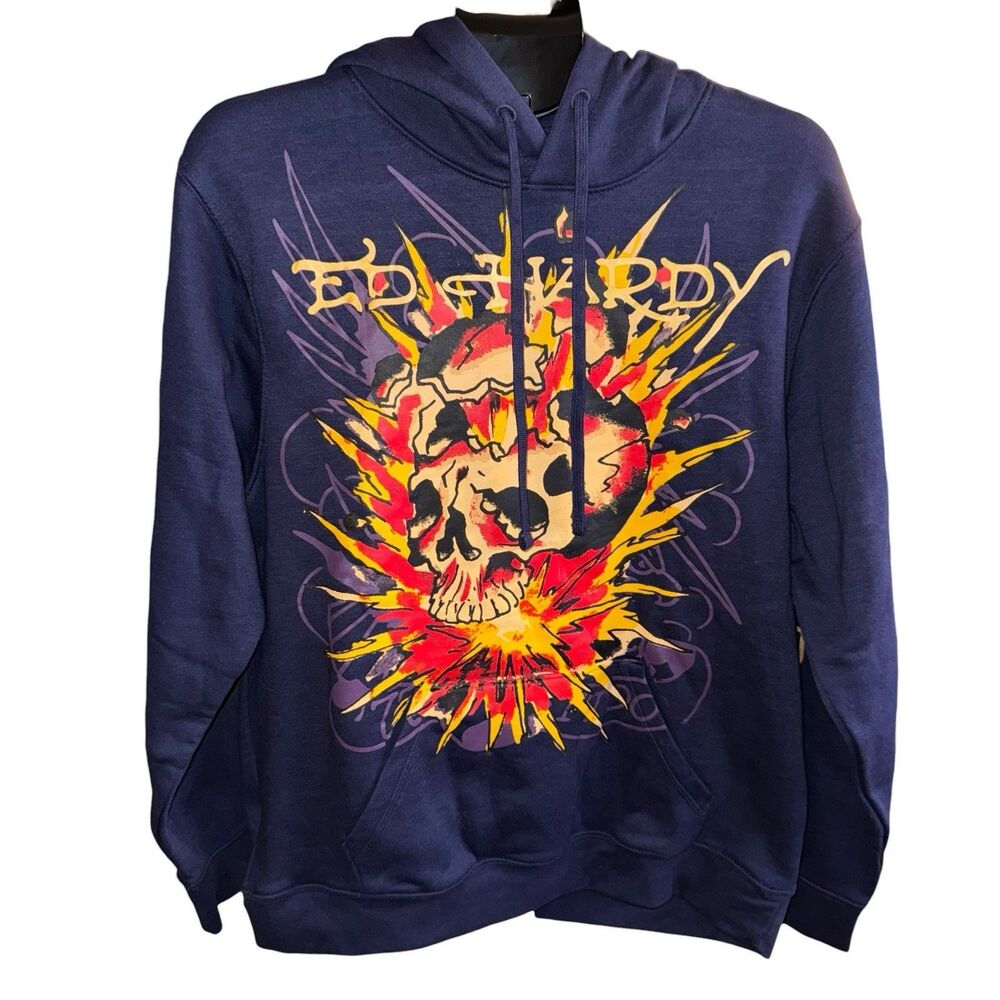 NWT Ed Hardy Tattoo Blueberry Hoodie Exploding Skull & Crossbone Mens Size L